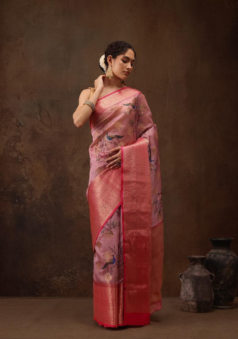 Light Pink Printed Chanderi Art Silk Saree
