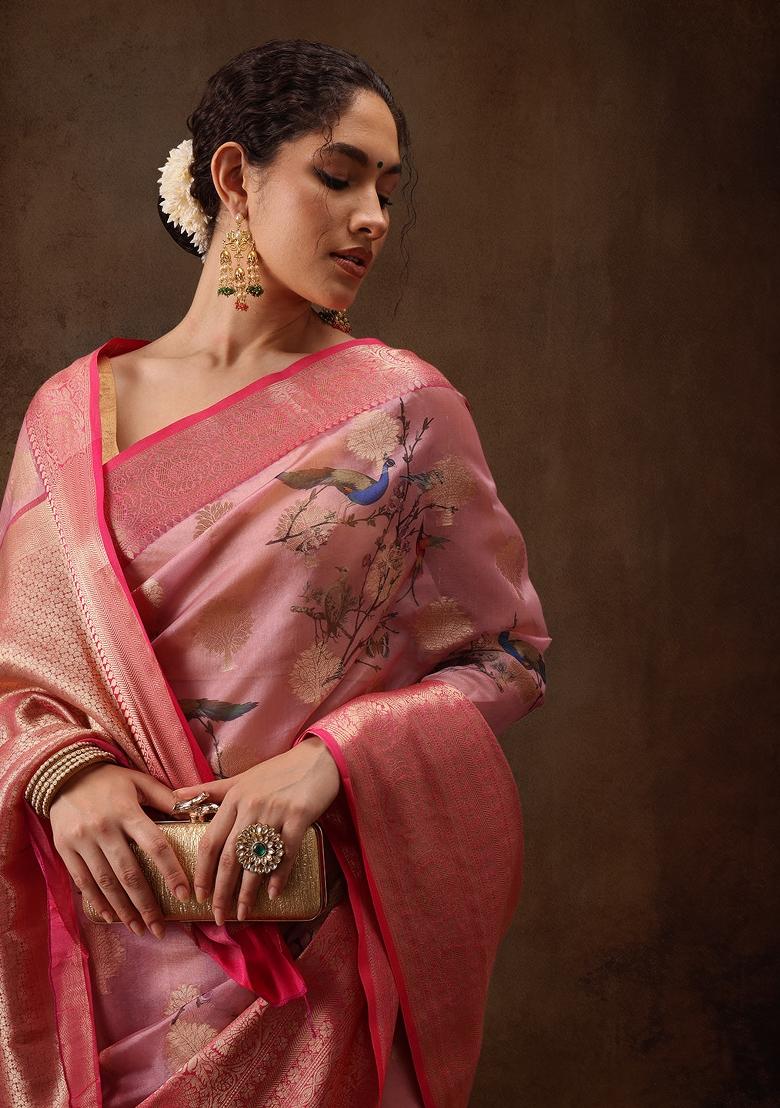 Light Pink Printed Chanderi Art Silk Saree