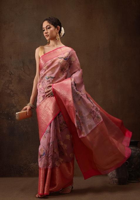 Light Pink Printed Chanderi Art Silk Saree