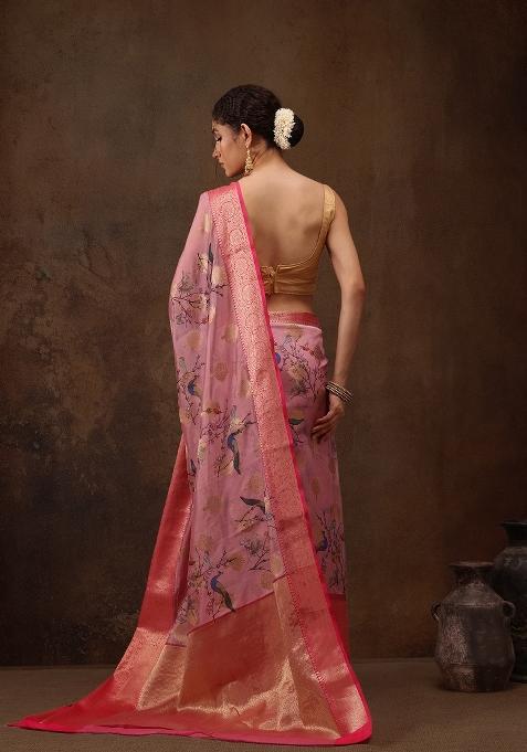 Light Pink Printed Chanderi Art Silk Saree