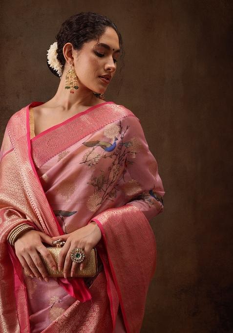 Light Pink Printed Chanderi Art Silk Saree