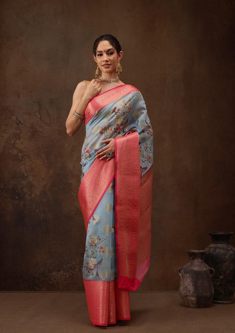 Blue Printed Chanderi Art Silk Saree