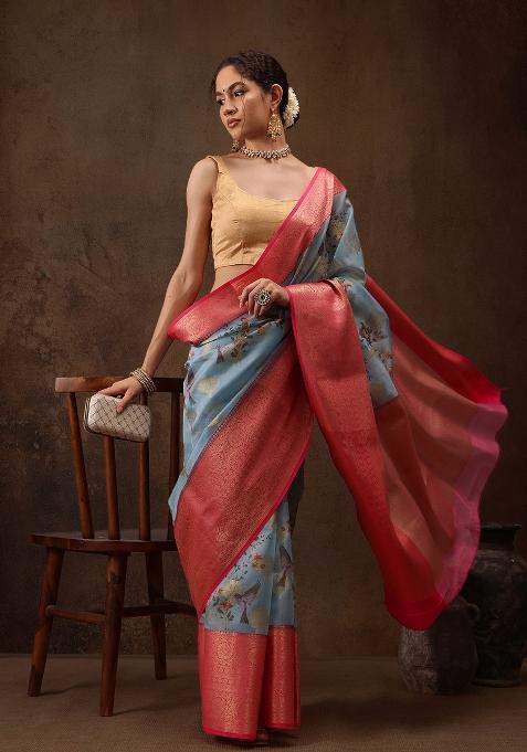 Blue Printed Chanderi Art Silk Saree
