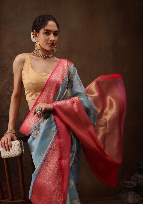 Blue Printed Chanderi Art Silk Saree