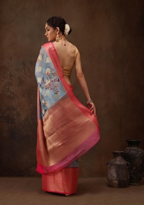 Blue Printed Chanderi Art Silk Saree