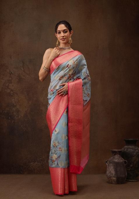 Blue Printed Chanderi Art Silk Saree