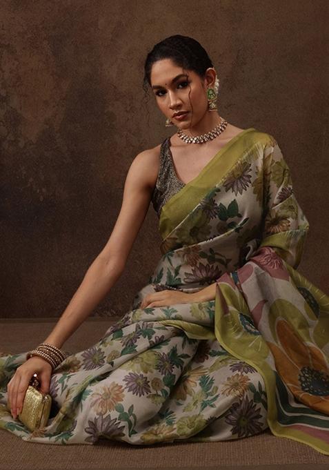 Multicolor Printed Silk Blend Saree