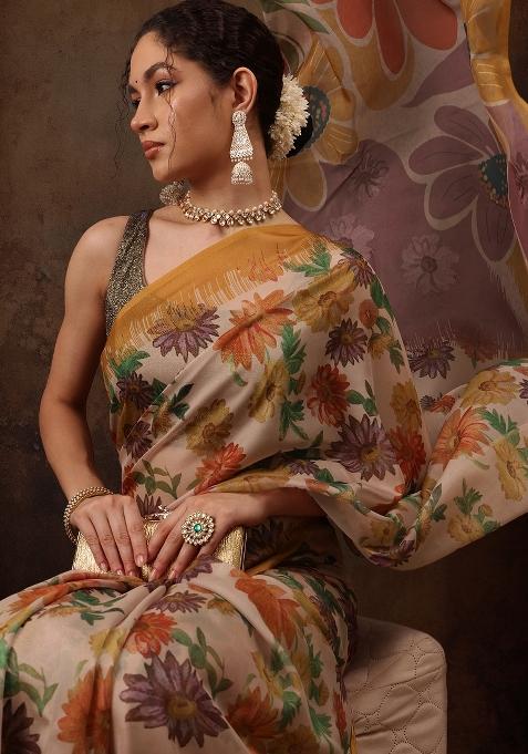 Multicolor Printed Silk Blend Saree