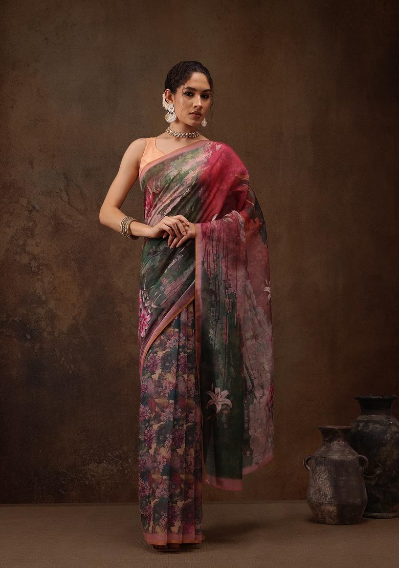 Multicolor Printed Silk Blend Saree