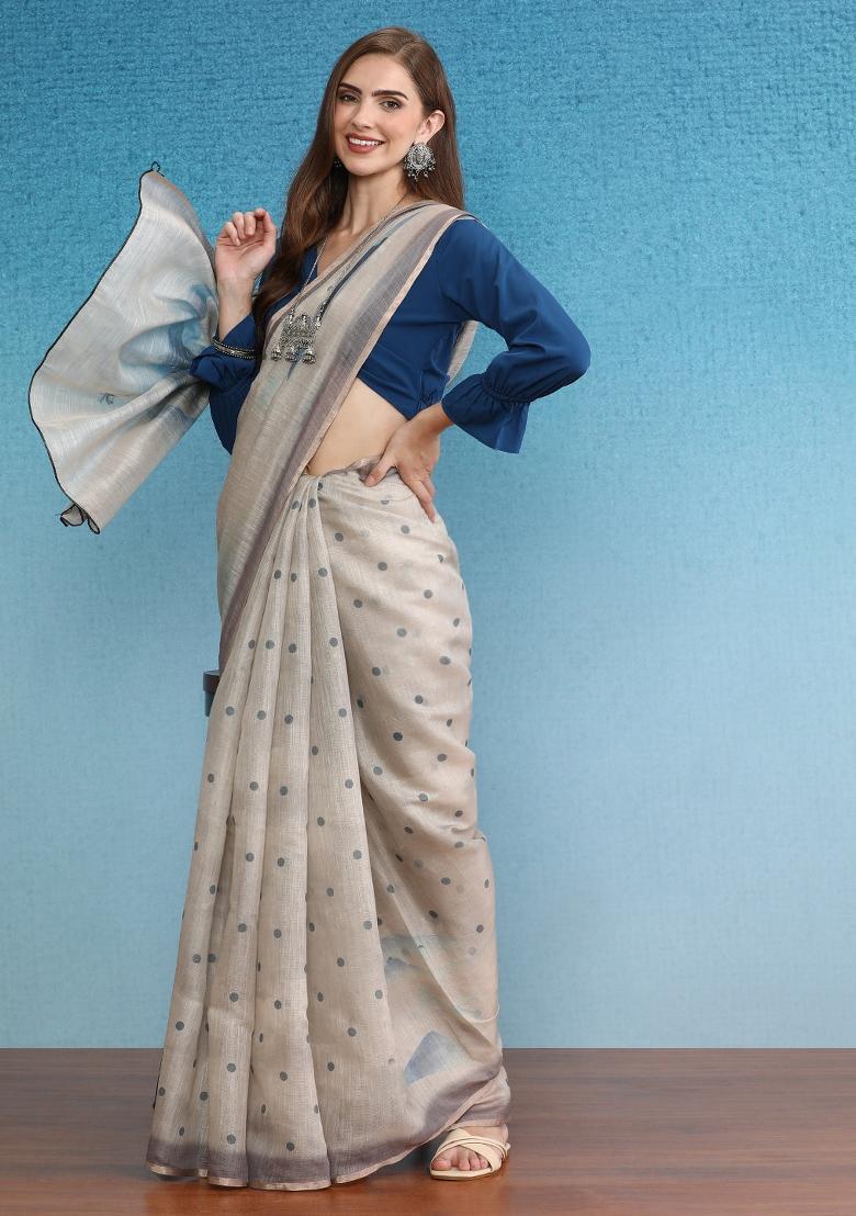 Beige Printed Silk Cotton Saree