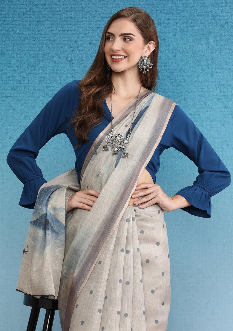 Beige Printed Silk Cotton Saree