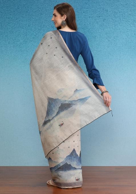 Beige Printed Silk Cotton Saree