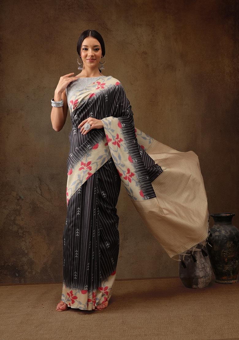 Black Printed Silk Blend Saree