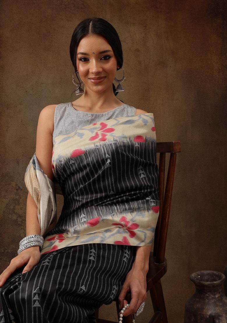 Black Printed Silk Blend Saree