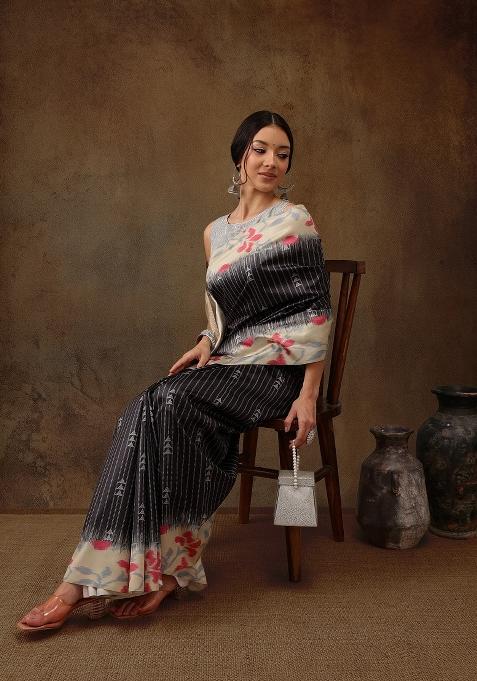 Black Printed Silk Blend Saree