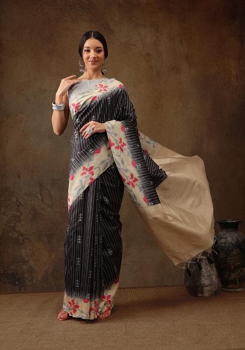 Black Printed Silk Blend Saree