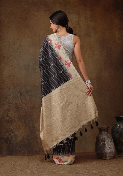Black Printed Silk Blend Saree
