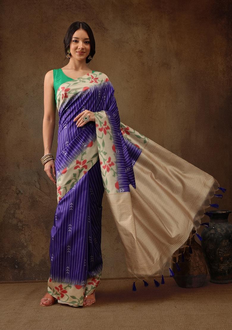 Royal Blue Printed Silk Blend Saree