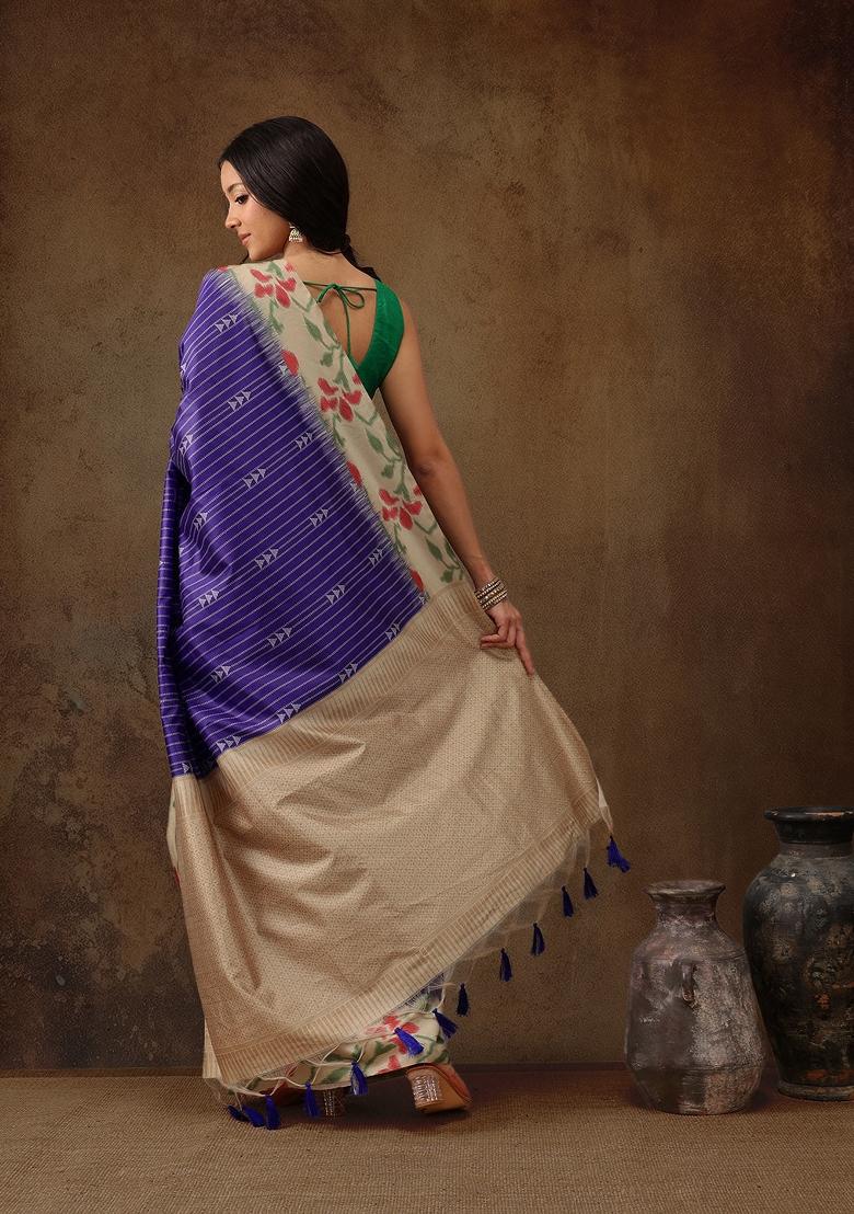 Royal Blue Printed Silk Blend Saree