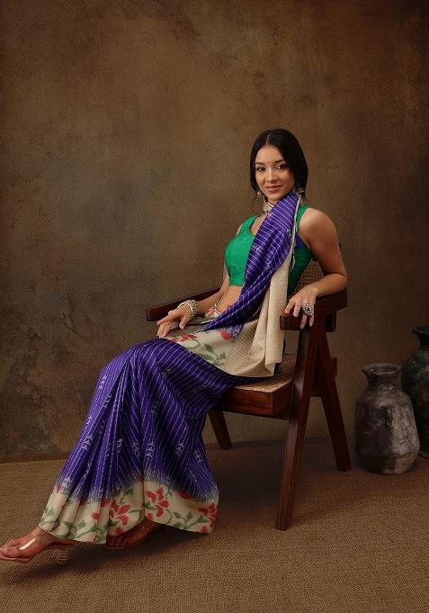 Royal Blue Printed Silk Blend Saree