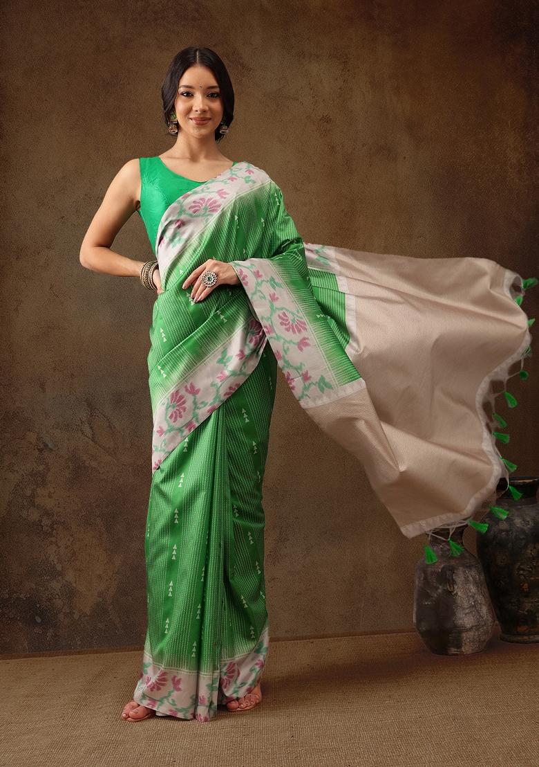 Green Printed Silk Blend Saree