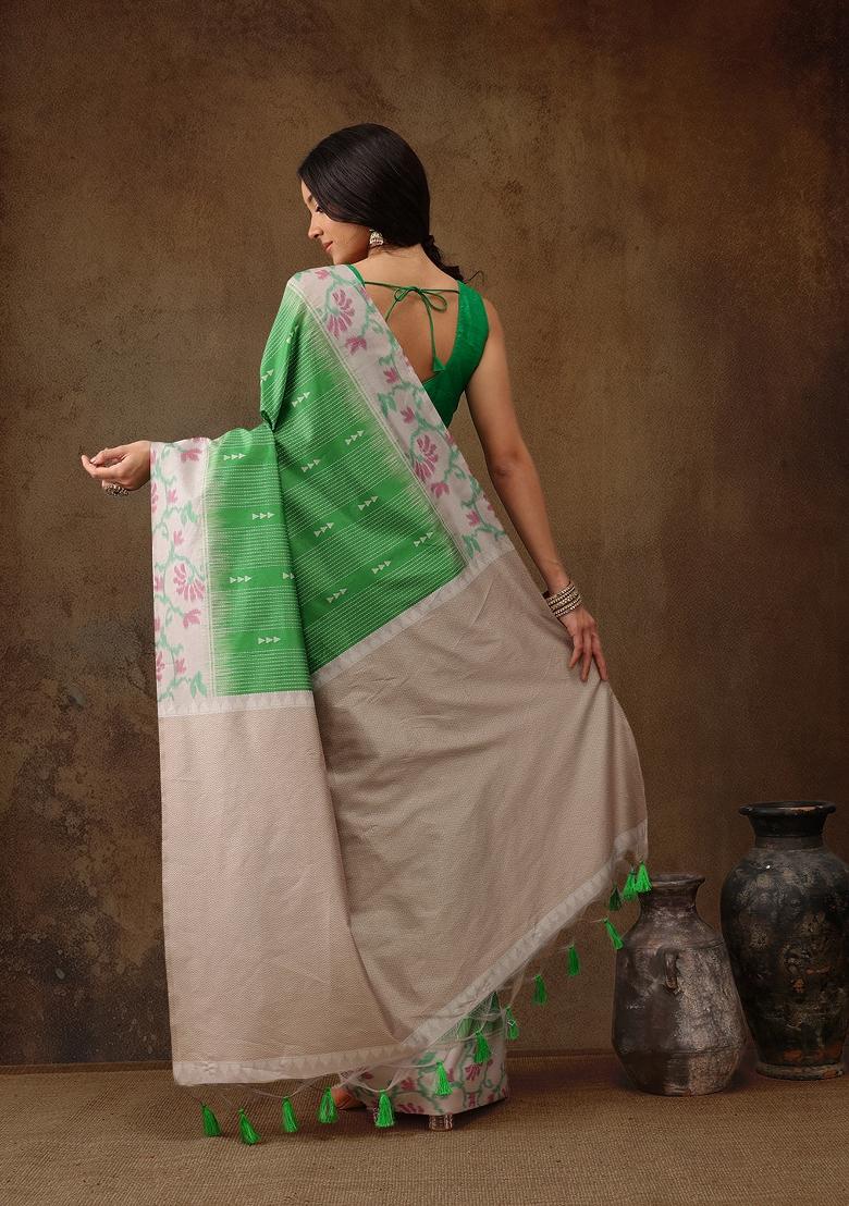 Green Printed Silk Blend Saree
