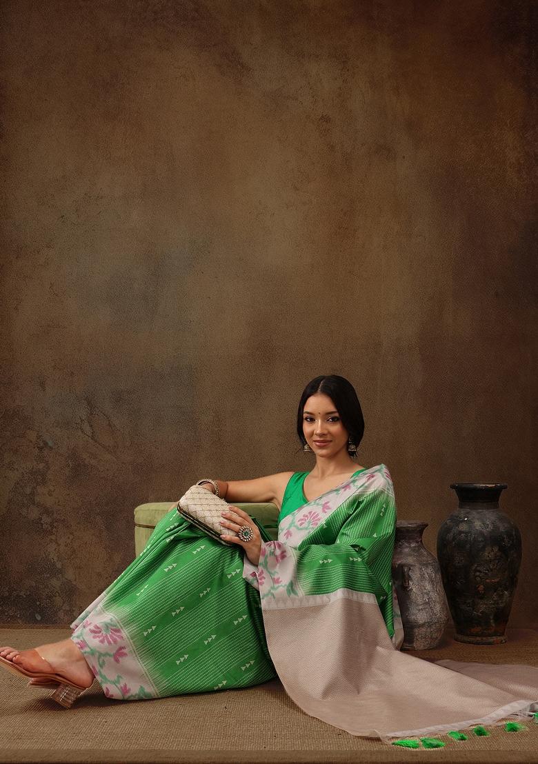 Green Printed Silk Blend Saree