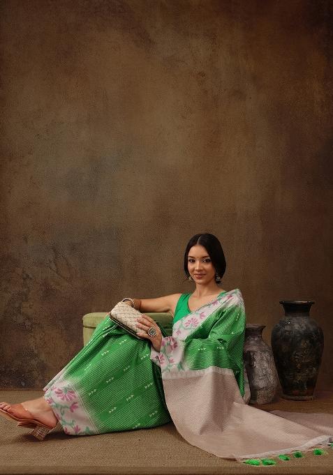 Green Printed Silk Blend Saree