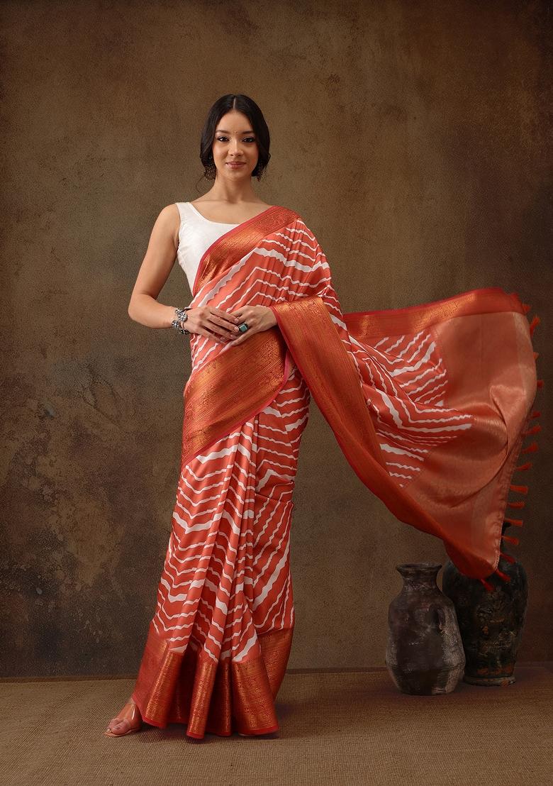 Peach Printed Silk Blend Saree