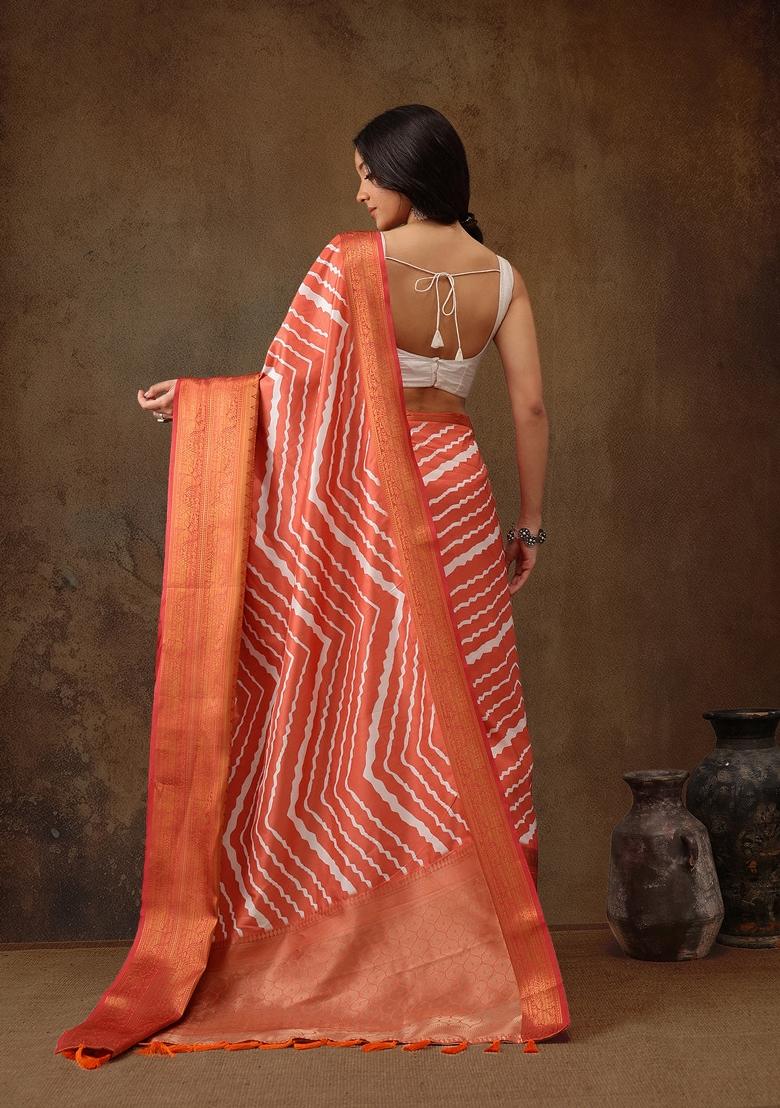 Peach Printed Silk Blend Saree