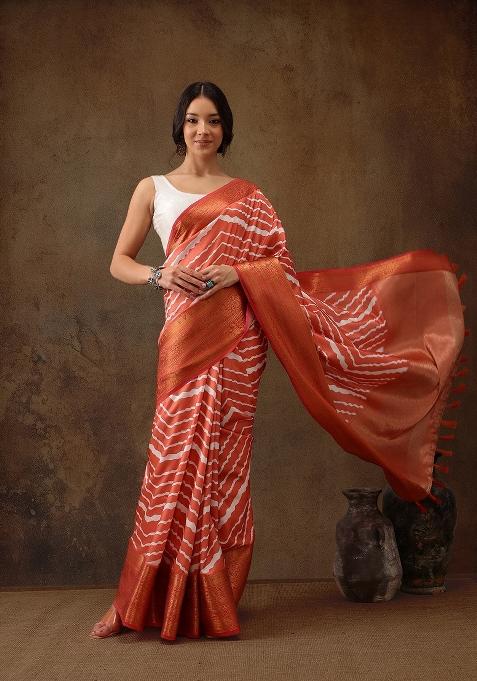 Peach Printed Silk Blend Saree