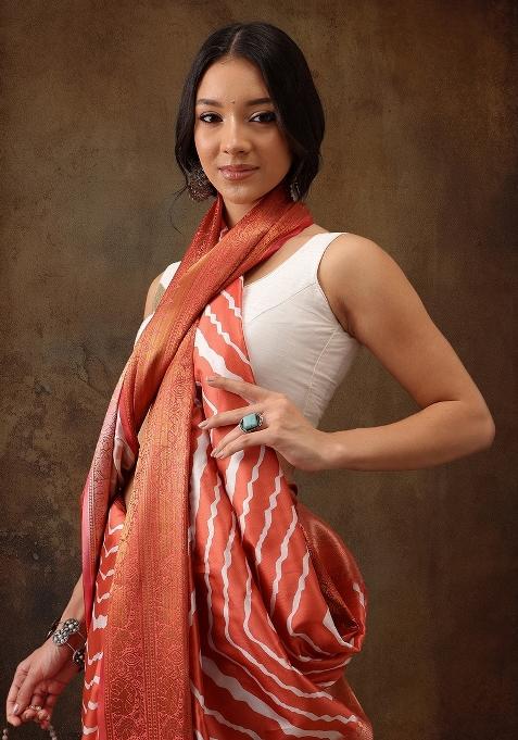 Peach Printed Silk Blend Saree