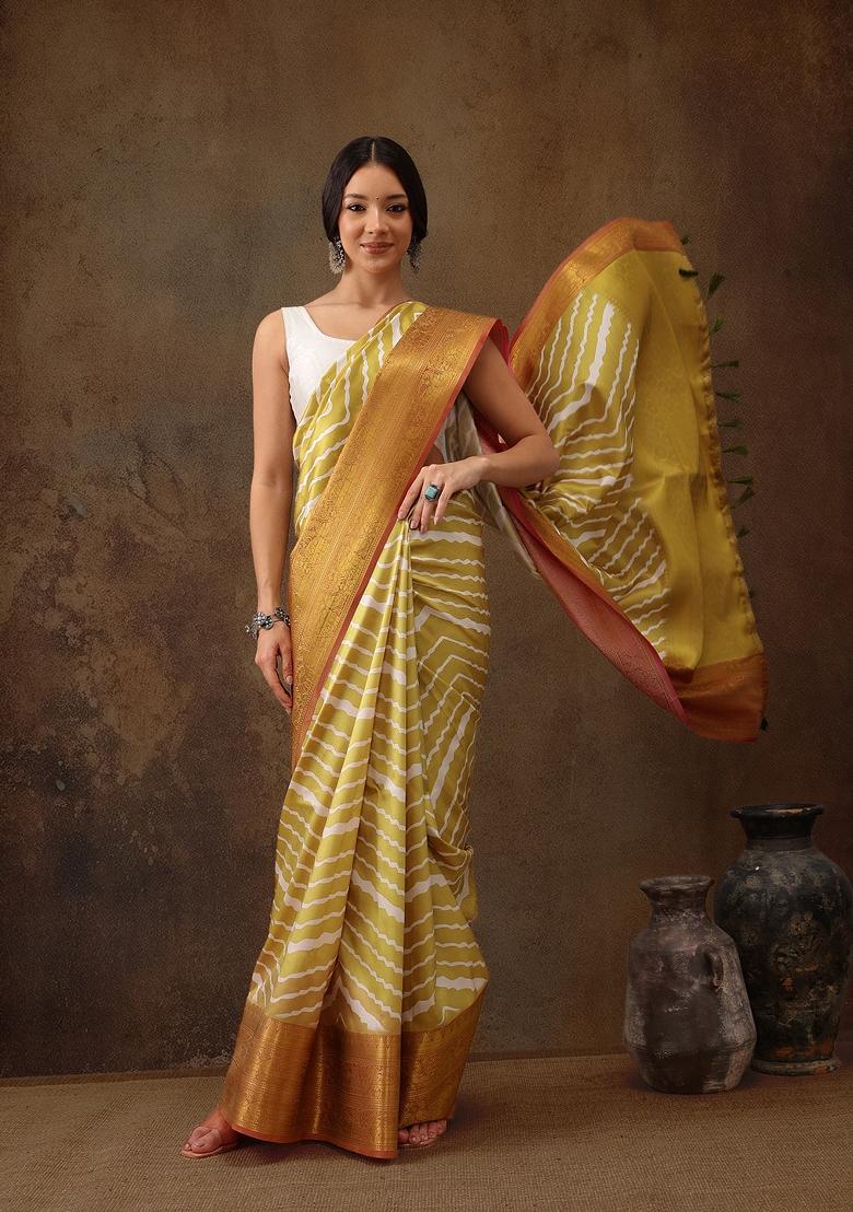 Yellow Printed Silk Blend Saree
