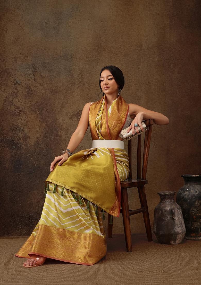 Yellow Printed Silk Blend Saree