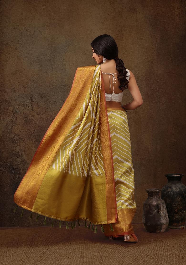 Yellow Printed Silk Blend Saree