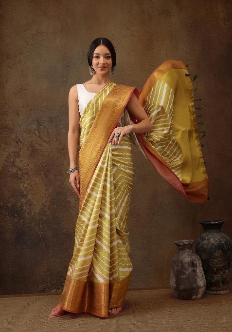 Yellow Printed Silk Blend Saree