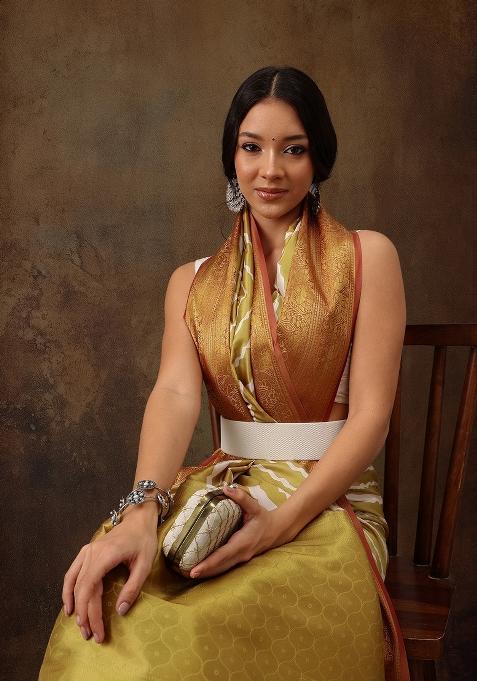 Yellow Printed Silk Blend Saree