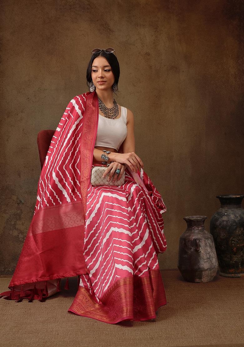 Red Printed Silk Blend Saree
