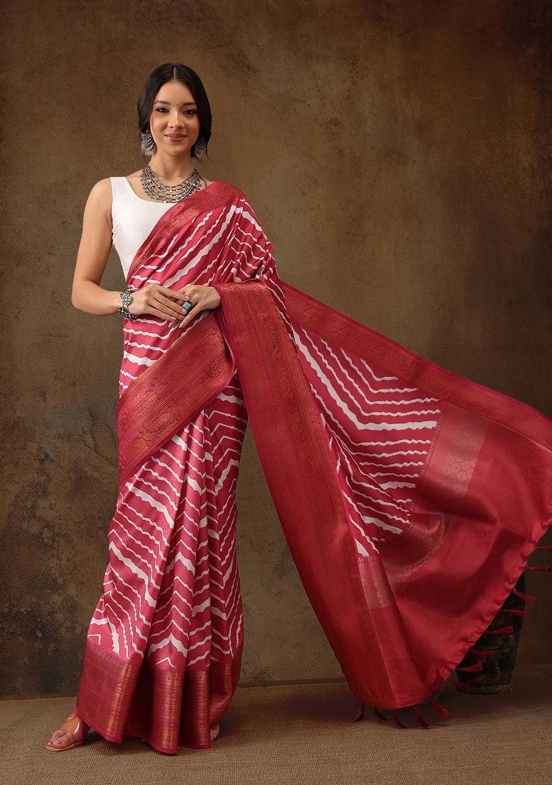 Red Printed Silk Blend Saree