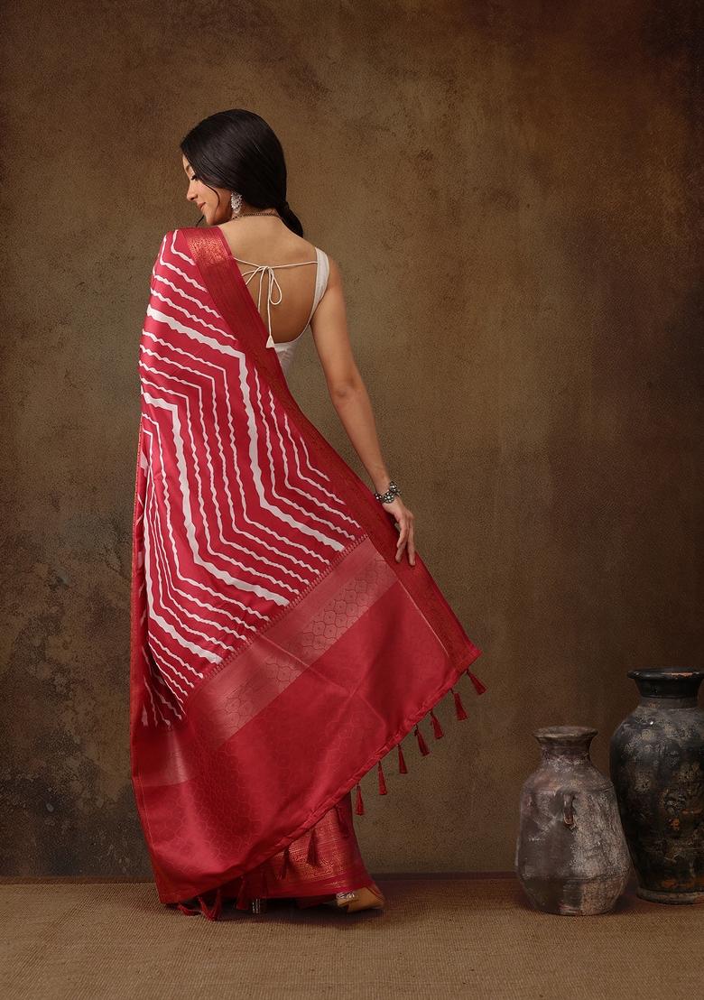 Red Printed Silk Blend Saree