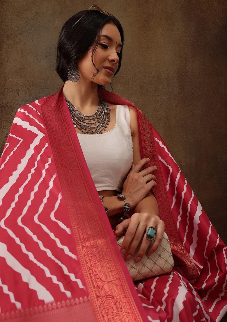 Red Printed Silk Blend Saree