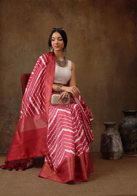 Red Printed Silk Blend Saree