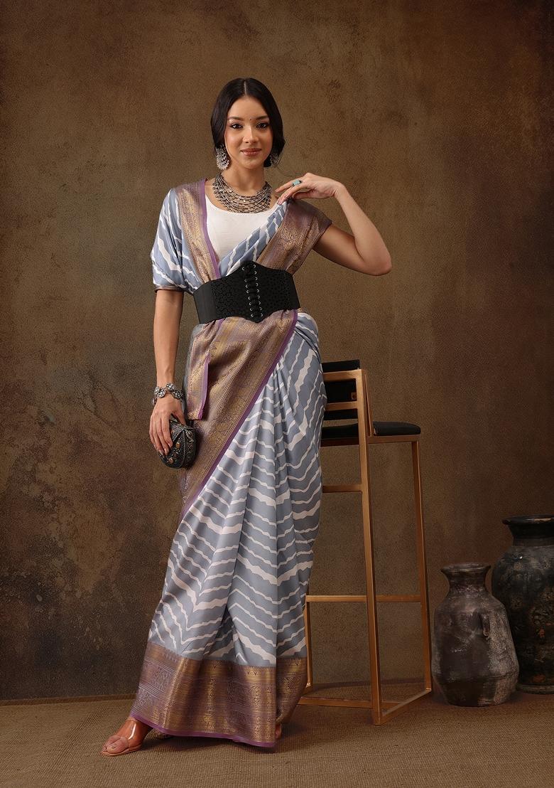 Grey Printed Silk Blend Saree