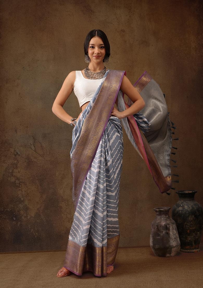 Grey Printed Silk Blend Saree