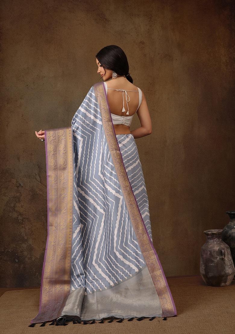 Grey Printed Silk Blend Saree