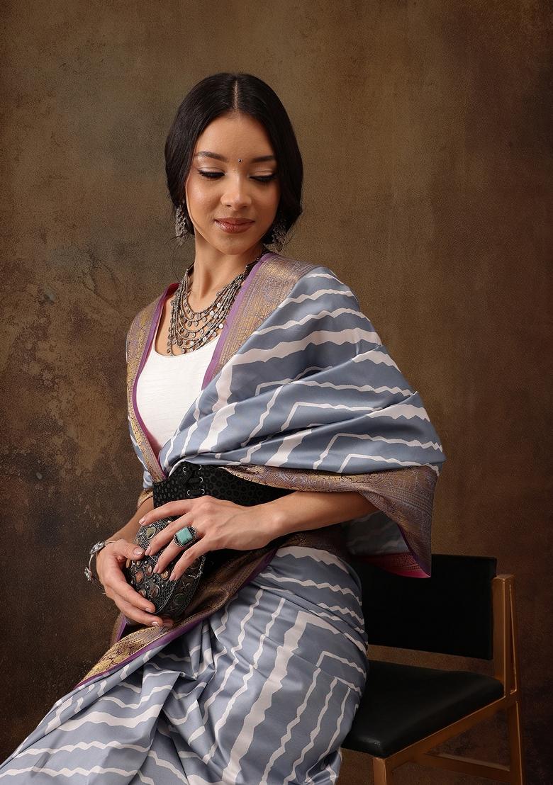 Grey Printed Silk Blend Saree