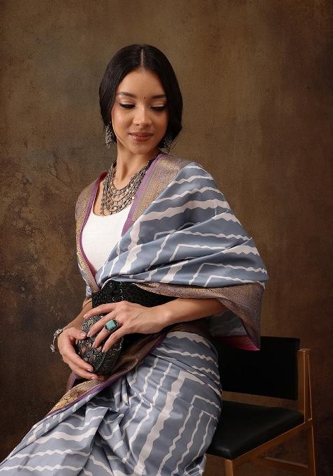 Grey Printed Silk Blend Saree
