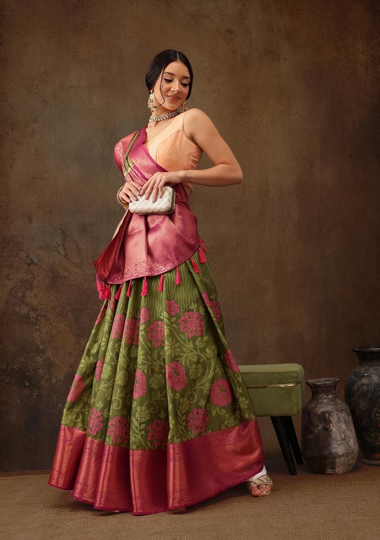 Olive Printed Kanjeevaram Silk Saree