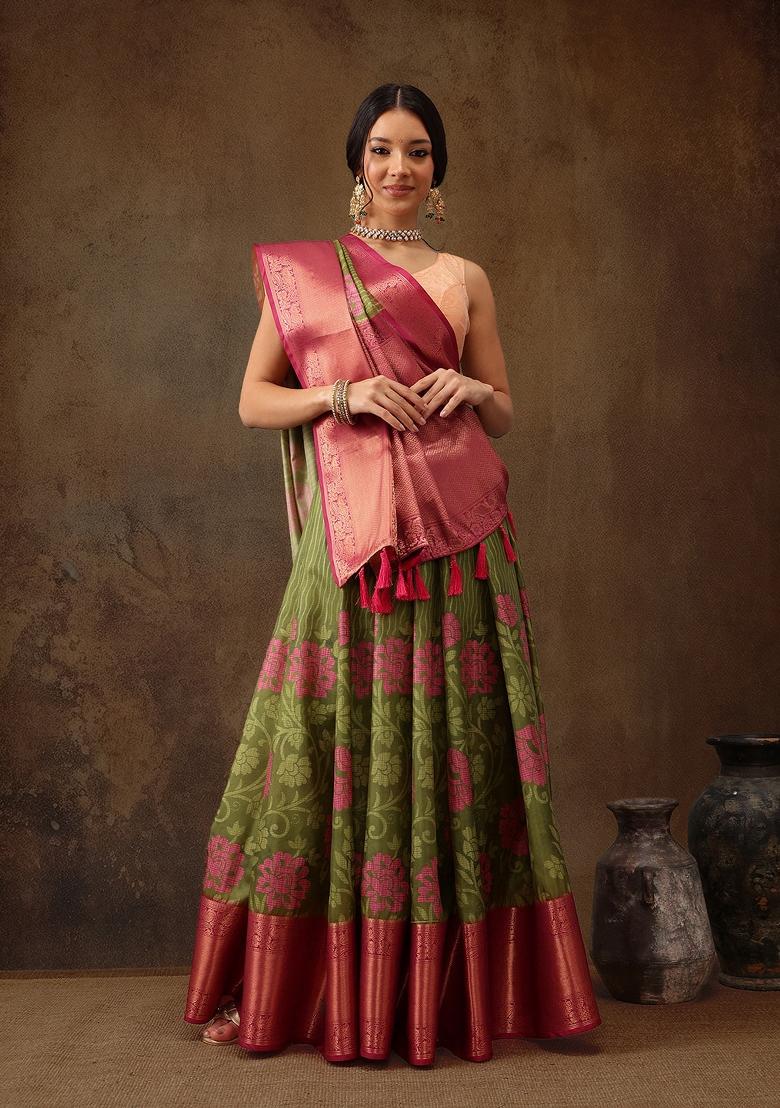 Olive Printed Kanjeevaram Silk Saree