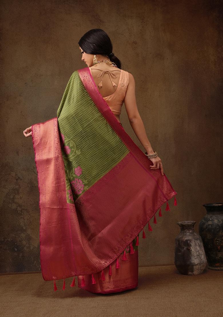 Olive Printed Kanjeevaram Silk Saree